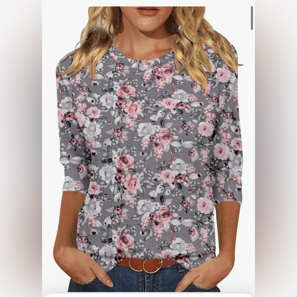 Pink & Grey Relaxed Blouse with Floral Design Size XXL NWOT - Picture 3 of 8